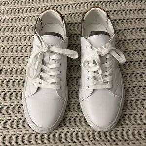 Faranzi Men's White Leather Low-Top Sneakers with Brown Heel Accent- size 9